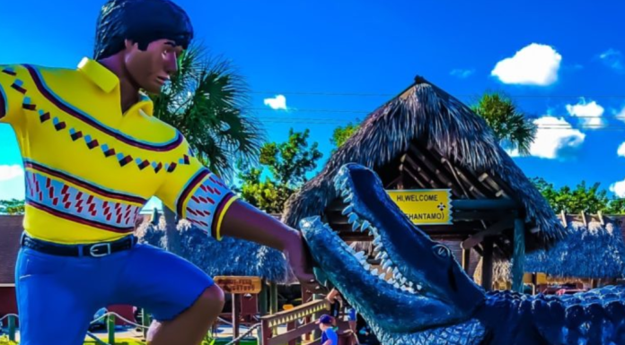 Image: A sculpture depicting a Miccosukee man with an alligator at the entrance to the Miccosukee Indian Village