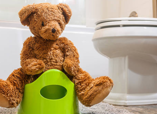 Image: A teddy bear sitting on a toddler potty