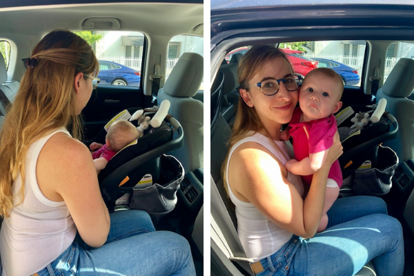 Andrea demonstrating the car seat enter and exit maneuver (Andrea Wood Contributor Miami Mom Collective)