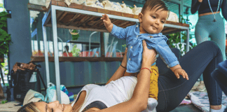 Bella exercising with her son (Baby Weight: How to Lose It Without Pressure Bella Behar Contributor Miami Mom Collective)