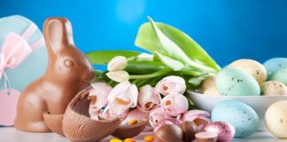 Celebrating Easter With A Creative Egg Hunt A chocolate Easter bunny with tulips and chocolate eggs (Celebrating Easter With A Creative Egg Hunt Jessica Alvarez-Ducos Contributor Miami Mom Collective)