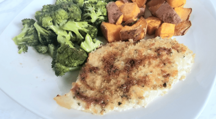 Image: A dinner plate with baked chicken, broccoli, and sweet potatoes (Creamy Crunchy Baked Chicken Dina Garcia Contributor Miami Mom Collective)