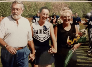 Sandra with her parents at a high school football game (Love Where You Live: Why I Love Living In Pinecrest Sandra Jacquemin Contributor Miami Mom Collective)