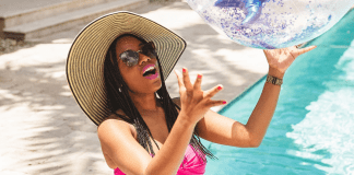 Sharonda enjoying the pool (Swimsuits for Moms: This Season's Top 5 Sharonda Stewart Contributor Miami Mom Collective)