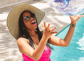 Sharonda enjoying the pool (Swimsuits for Moms: This Season's Top 5 Sharonda Stewart Contributor Miami Mom Collective)