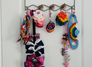 An example of a DIY hair accessory organizer for hair bows, hair ties, scrunchies, and face masks