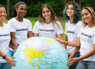 Image: A group of young women holding a large inflatable globe