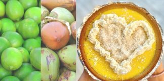 Limes, coconuts, and someone holding a coconut key lime pie