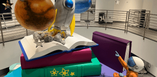 A 2-story sculpture inside the Homestead Cybrarium