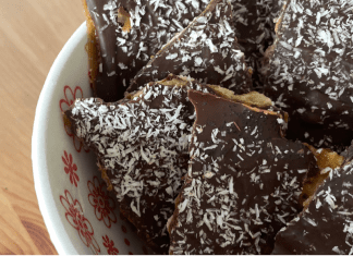 Image: A bowl of homemade chocolate toffee matzah