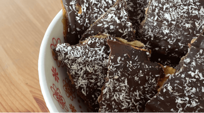 Image: A bowl of homemade chocolate toffee matzah