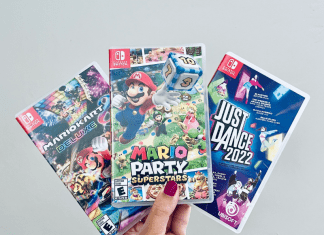 Three popular video games: Mario Kart, Mario Party, and Just Dance 2022