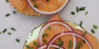 Jewish Heritage Month: Monica’s All-Star List of Mitzvah Foods A sliced bagel topped with cream cheese, nova, and sliced red onions