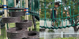 A little boy plays at a local playground