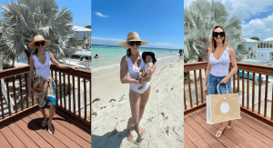 Jessica modeling different ways to wear a ruffled one piece swimsuit