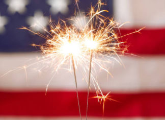 Image: Sparkler fireworks with an American flag in the background