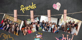 Clothespins hold pictures of Rachelle and her friends