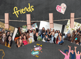 Clothespins hold pictures of Rachelle and her friends