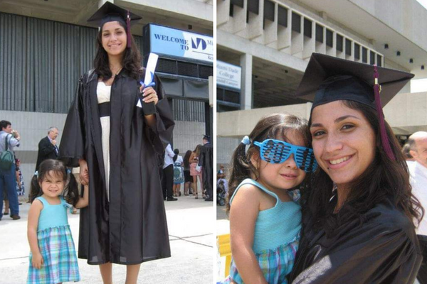Image: Minnie in her graduation cap and gown with her daughter by her side
