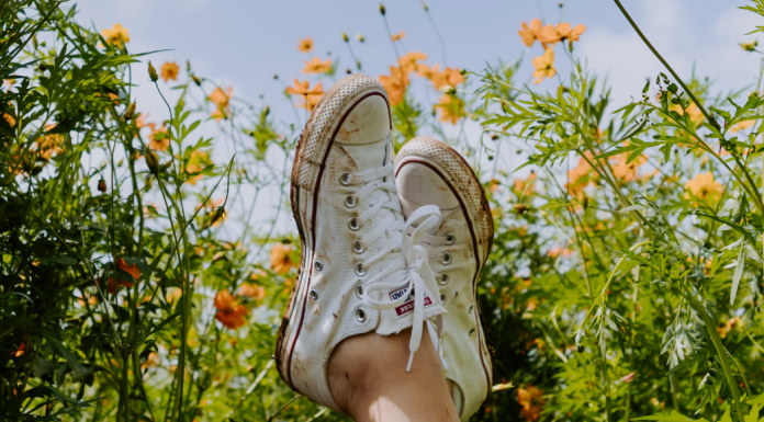 Image: Crossed ankles in a field of flowers