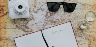 2023 Summer Bucket List {With Printable!} Image: A camera, sunglasses, compass, and journal spread across a map