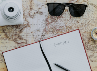 Image: A camera, sunglasses, compass, and journal spread across a map