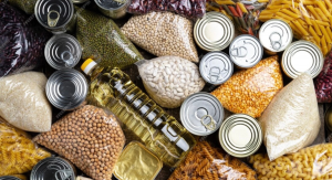 Image: Examples of non-perishable food items, including a bottle of water--essential items for hurricane prep