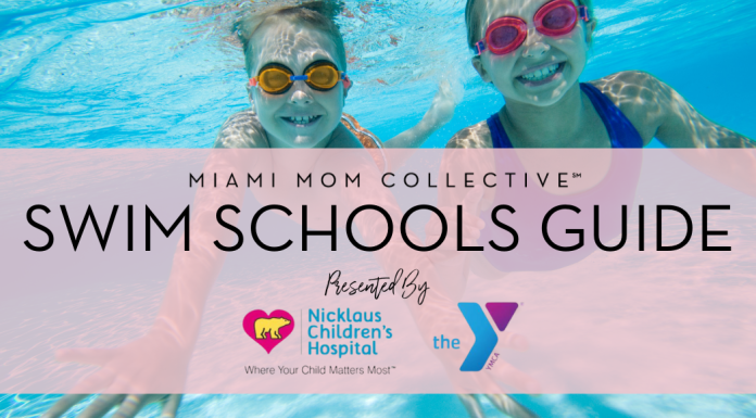 Image: Guide graphic for Miami Mom Collective Swim Schools Guide, sponsred by Nicklaus Children's Hospital and the YMCA of South Florida
