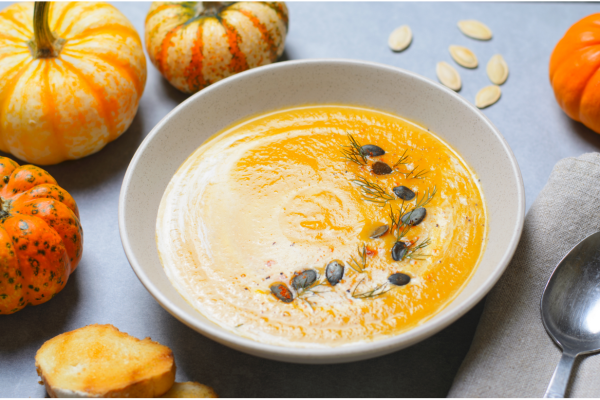 Image: A bowl of creamy pumpkin soup