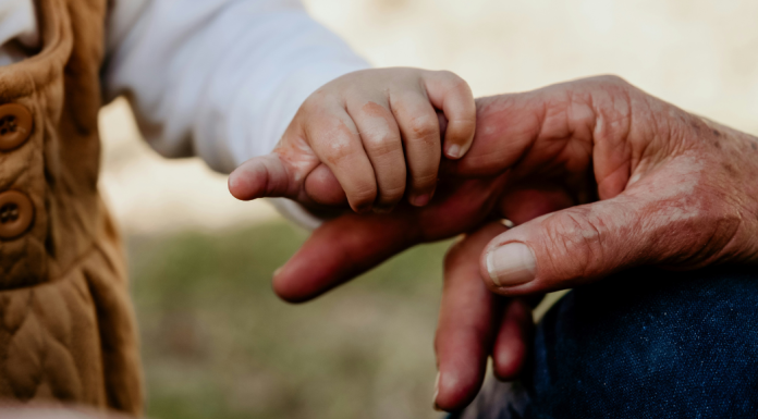 Image: A toddler's hand holding onto their grandparent's hand