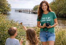 Mom and two children exploring nature at Deering Estate in Miami during spring, watching a butterfly near the waterfront.